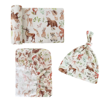 Newborn Bamboo Crib Sheet Hat and Swaddle Blanket Set Wilderness | Value $75