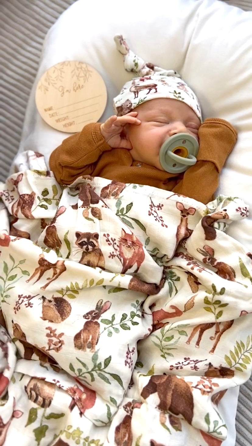 Newborn Bamboo Crib Sheet Hat and Swaddle Blanket Set Wilderness Beba Canada